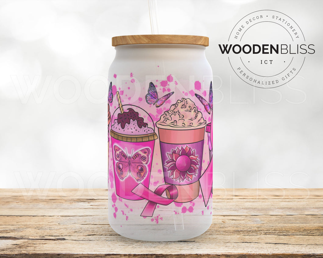 Breast Cancer Awareness, Iced Coffee Glass Can, Coffee Lover Gift, Str –  WoodenBlissICT