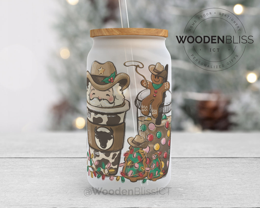 Howdy Santa Frosted Coffee Can, Iced Coffee Glass Can, Coffee Lover Gift,  Straw & Bamboo Lid Included, Cold Brew Cup, New Years, Santa Milk